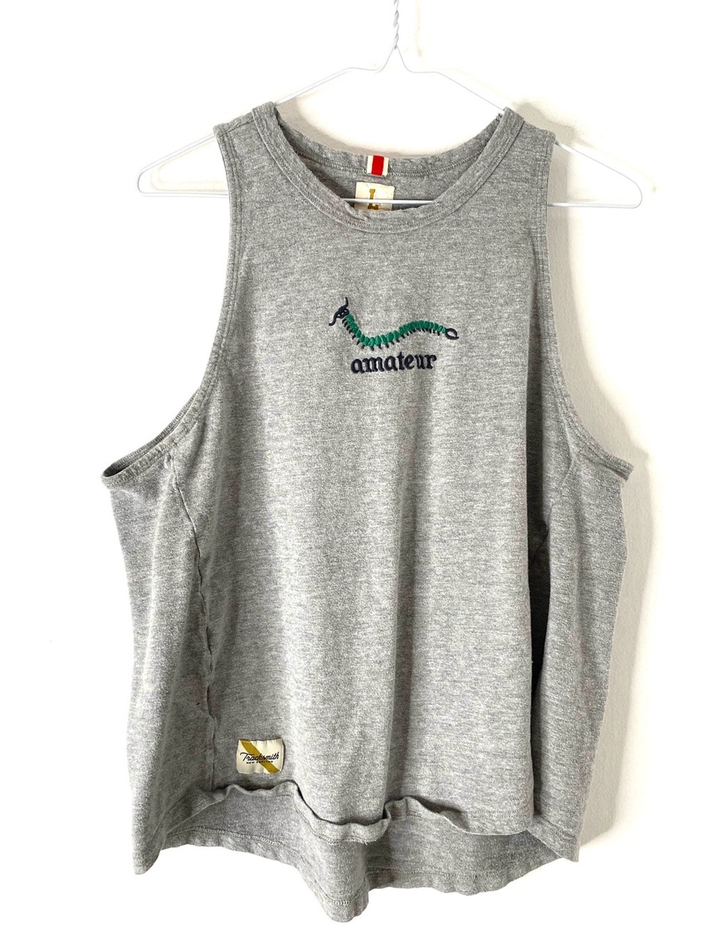 Tracksmith Amateur Centipede Embroidered Muscle Tank Gray Cotton Blend Top